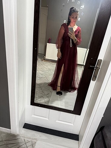xl Beden Bordo uzun abiye elbise