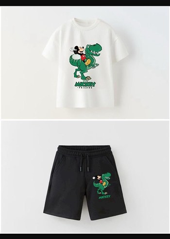 Erkek Mickey ve Dinozor Baskılı Kısa Kollu Takım