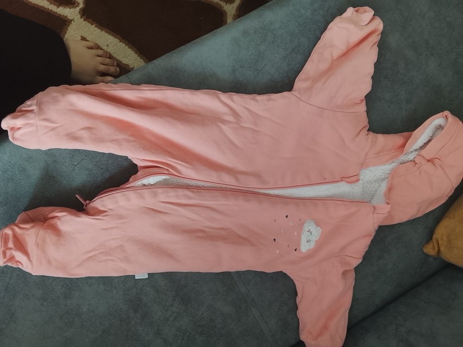 Kapüşonlu Fermuarlı somon rengi Bebek Tulumu - Görsel 2