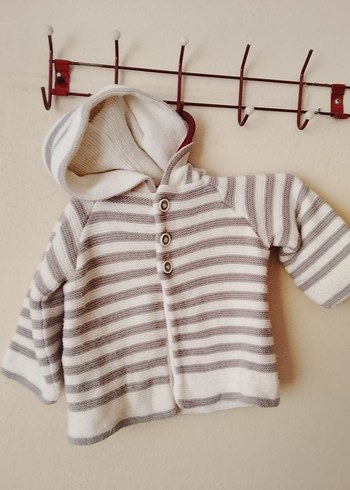 Gri Çizgili Kapüşonlu Örgü Erkek Hırka - Görsel 2