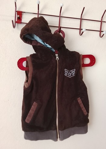 Kapüşonlu Fermuarlı Kahverengi Erkek Çocuk Yelek - Görsel 3