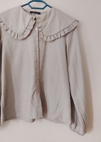 Bej Kadın Keten Gömlek Fırfırlı Yaka - Görsel 3