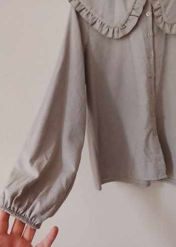 Bej Kadın Keten Gömlek Fırfırlı Yaka - Görsel 2
