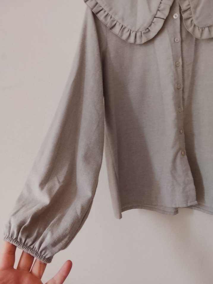 Bej Kadın Keten Gömlek Fırfırlı Yaka - Görsel 2