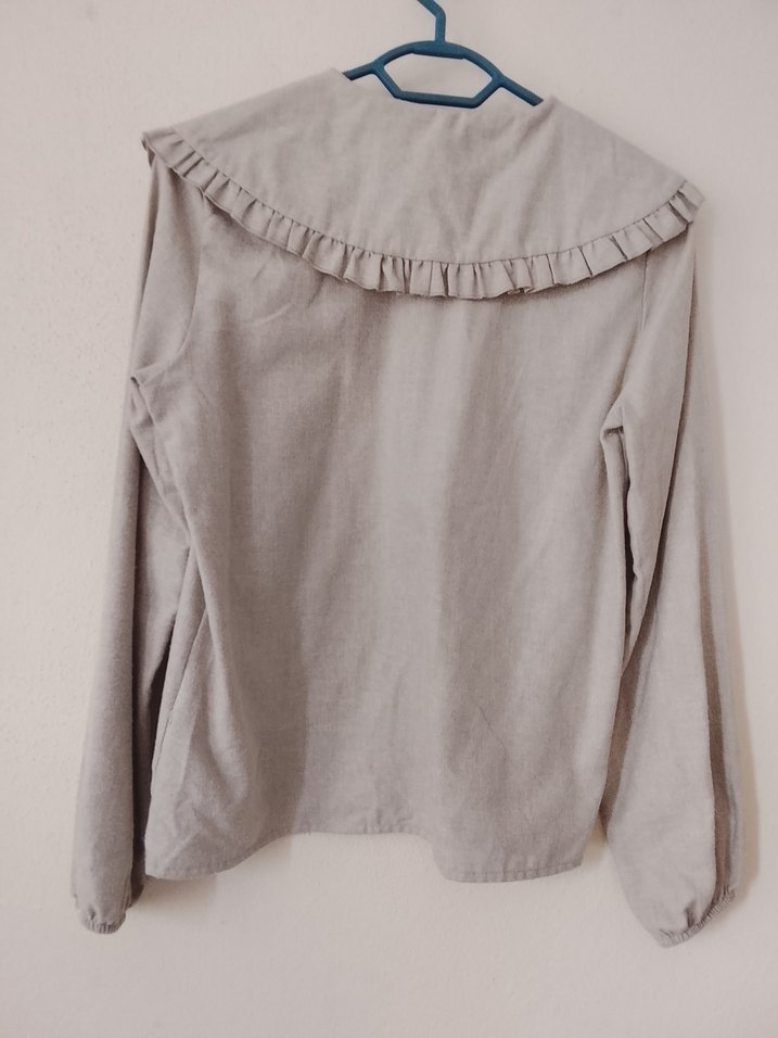 Bej Kadın Keten Gömlek Fırfırlı Yaka - Görsel 4