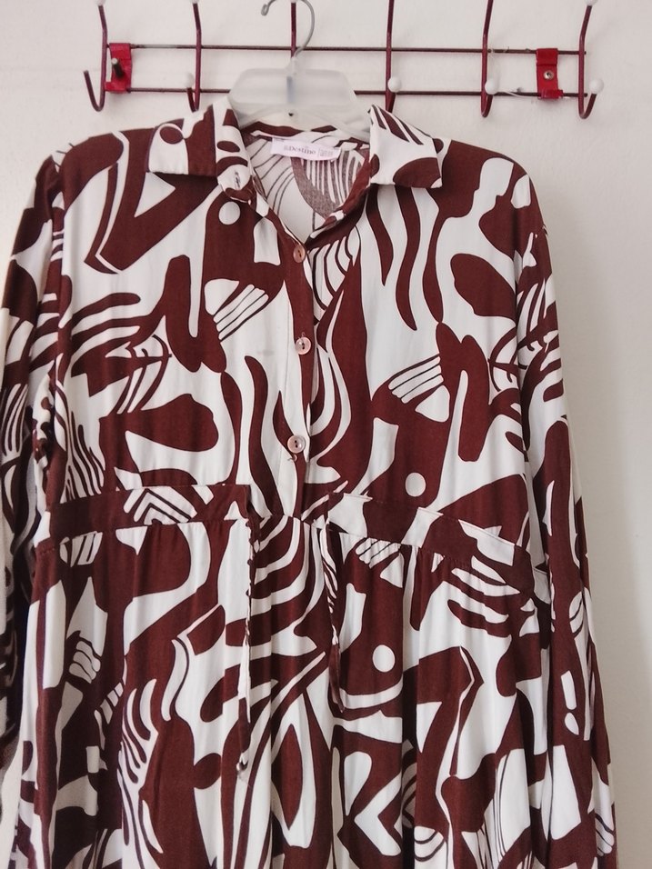 Bohem Uzun Kahverengi V Yaka Elbise - Görsel 3