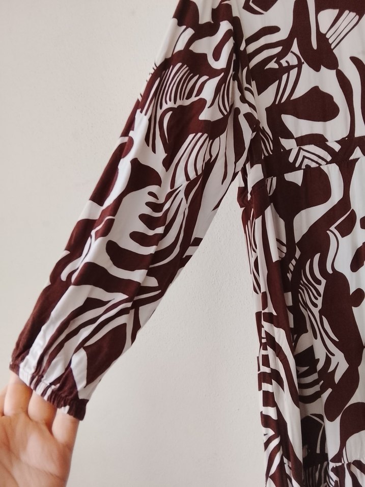 Bohem Uzun Kahverengi V Yaka Elbise - Görsel 2