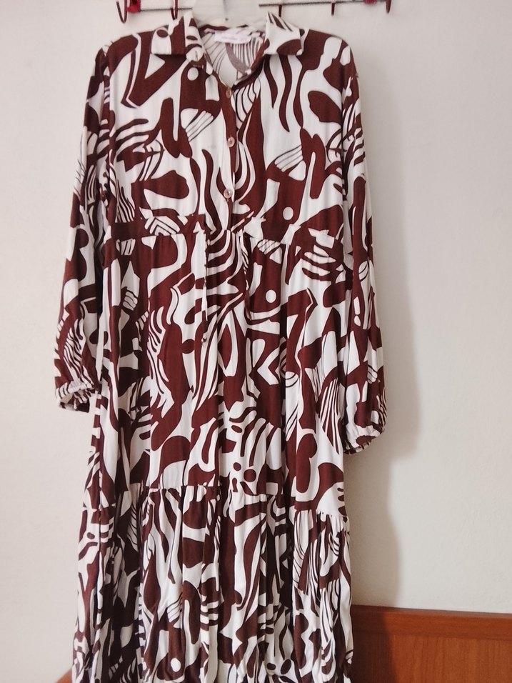 Bohem Uzun Kahverengi V Yaka Elbise - Görsel 4