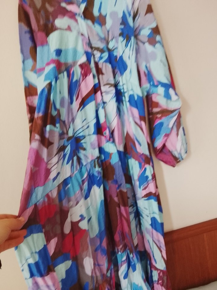 Kadın Çok Renkli Uzun Bağlama Desenli Salaş Elbise - Görsel 4