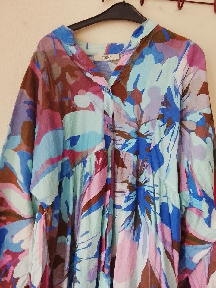 Kadın Çok Renkli Uzun Bağlama Desenli Salaş Elbise - Görsel 3