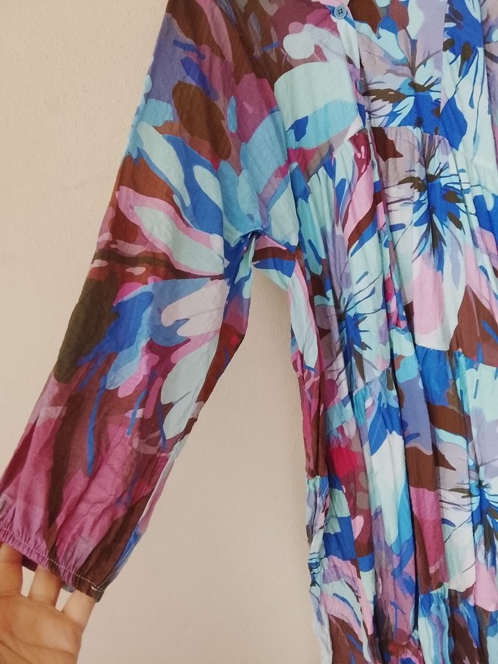 Kadın Çok Renkli Uzun Bağlama Desenli Salaş Elbise - Görsel 2