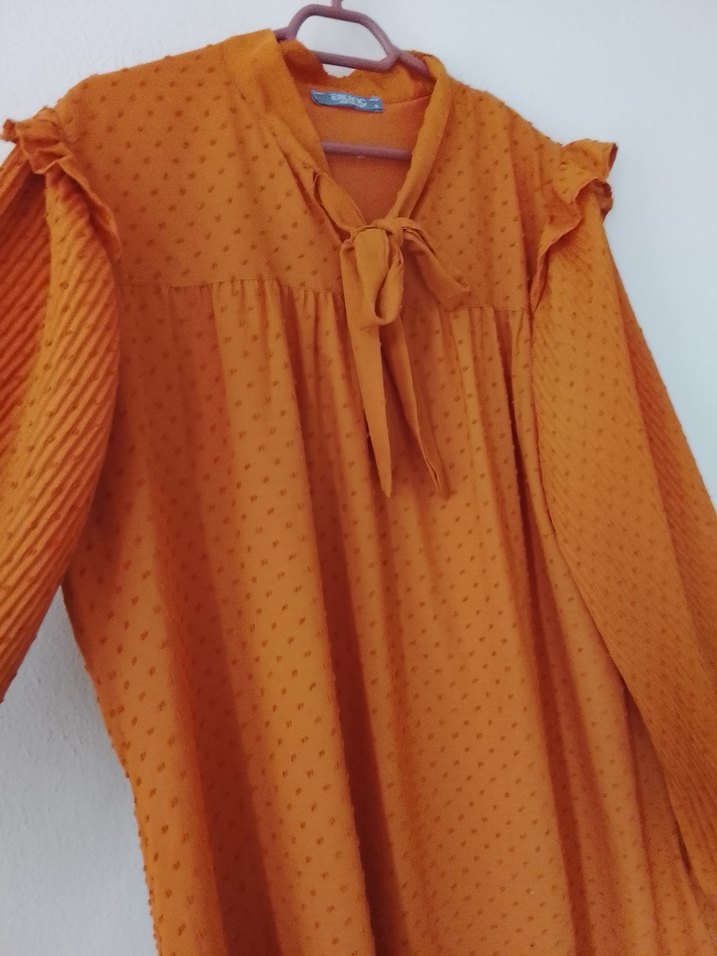 Kadın kiremit rengi Piliseli Midi Tunik - Görsel 3