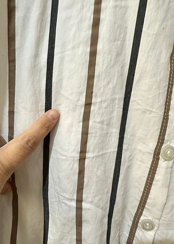 44 Beden beyaz Renk Düğmeli Çizgili Keten Gömlek