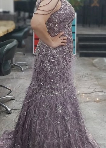 Pul İşlemeli Uzun Mor Abiye Elbise - Görsel 14