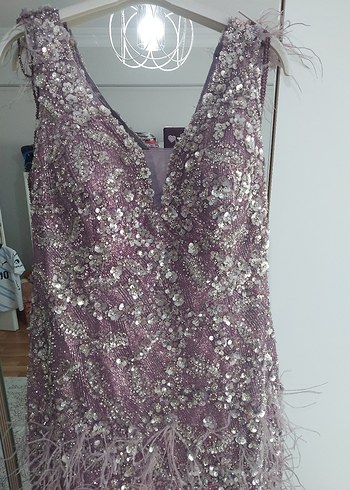 Pul İşlemeli Uzun Mor Abiye Elbise - Görsel 8