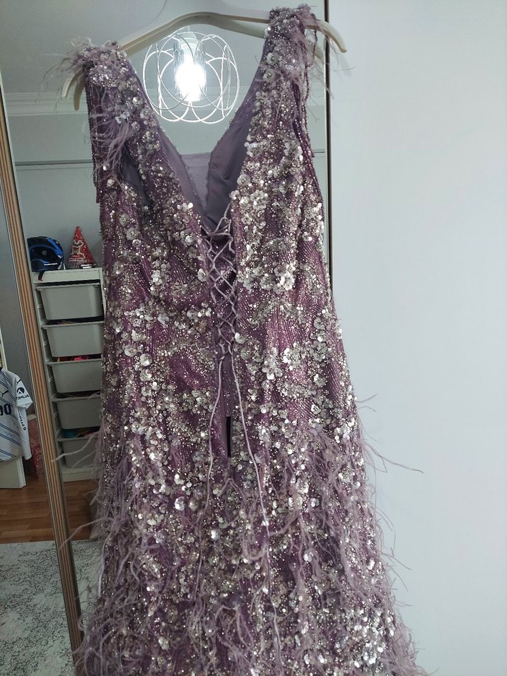 Pul İşlemeli Uzun Mor Abiye Elbise - Görsel 3