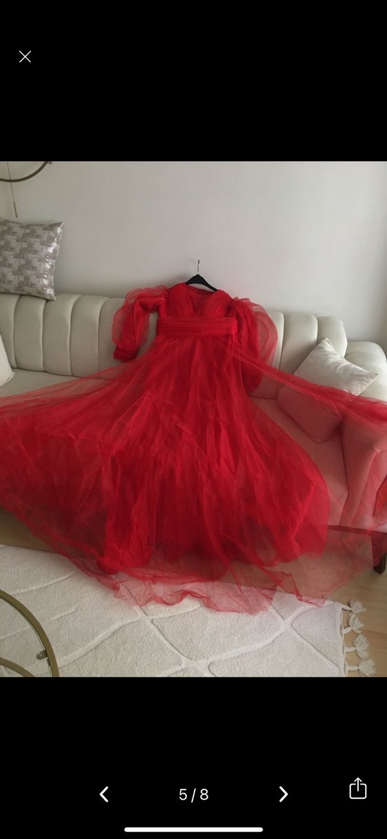 Tüllü Uzun Kırmızı Kadın Abiye - Görsel 3