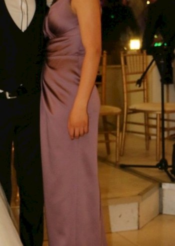 Mor V Yaka Drapeli saten Abiye Elbise - Görsel 2