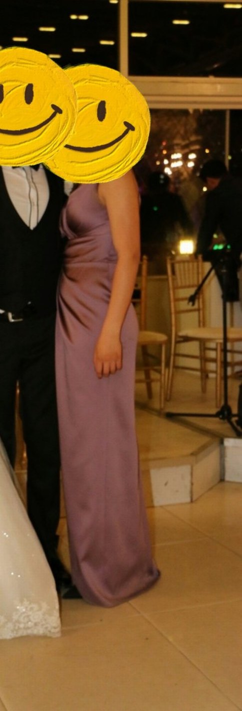 Mor V Yaka Drapeli saten Abiye Elbise - Görsel 2