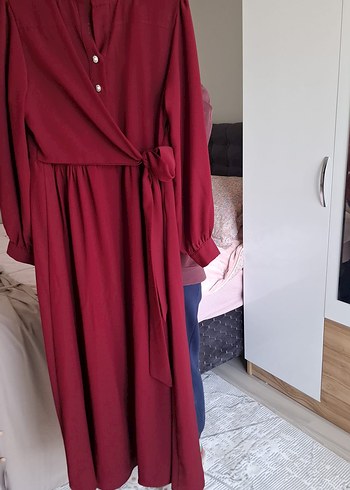 Bordo Uzun Kollu tesettür bağlamalı elbise - Görsel 3