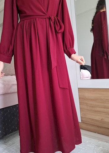 Bordo Uzun Kollu tesettür bağlamalı elbise - Görsel 2