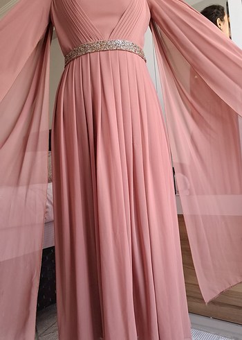 Pudra Renk Drapeli Uzun Abiye Elbise - Görsel 3