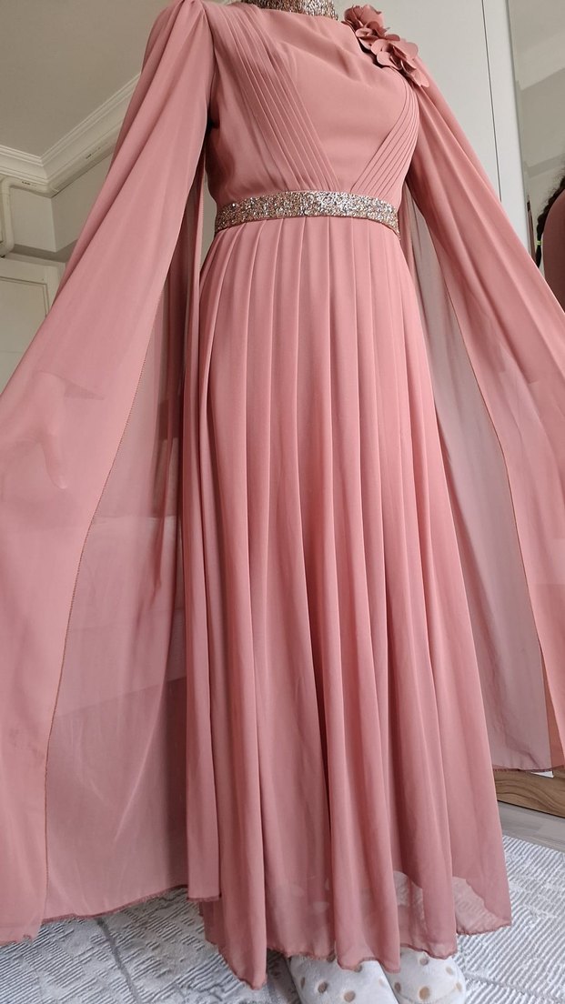 Pudra Renk Drapeli Uzun Abiye Elbise - Görsel 2