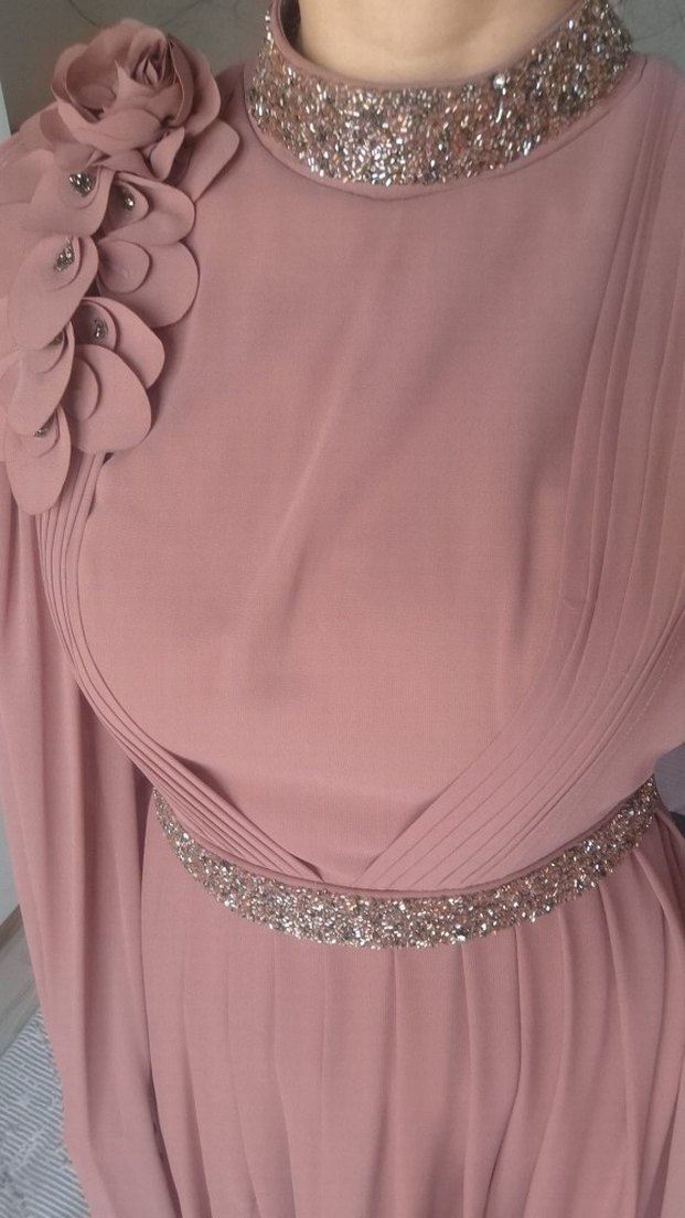 Pudra Renk Drapeli Uzun Abiye Elbise - Görsel 4