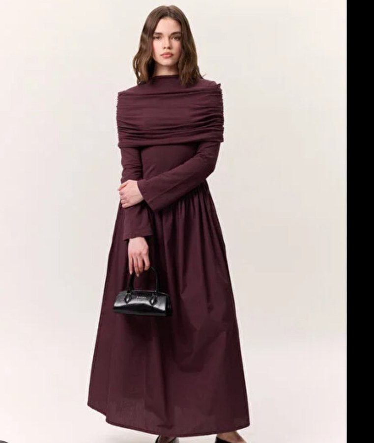 Drapeli bordo manuka elbise - Görsel 2