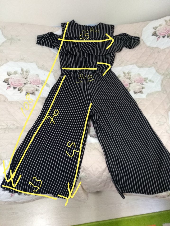 çizgili bel lastikli yaka detaylı tulum salopet beden - Görsel 2