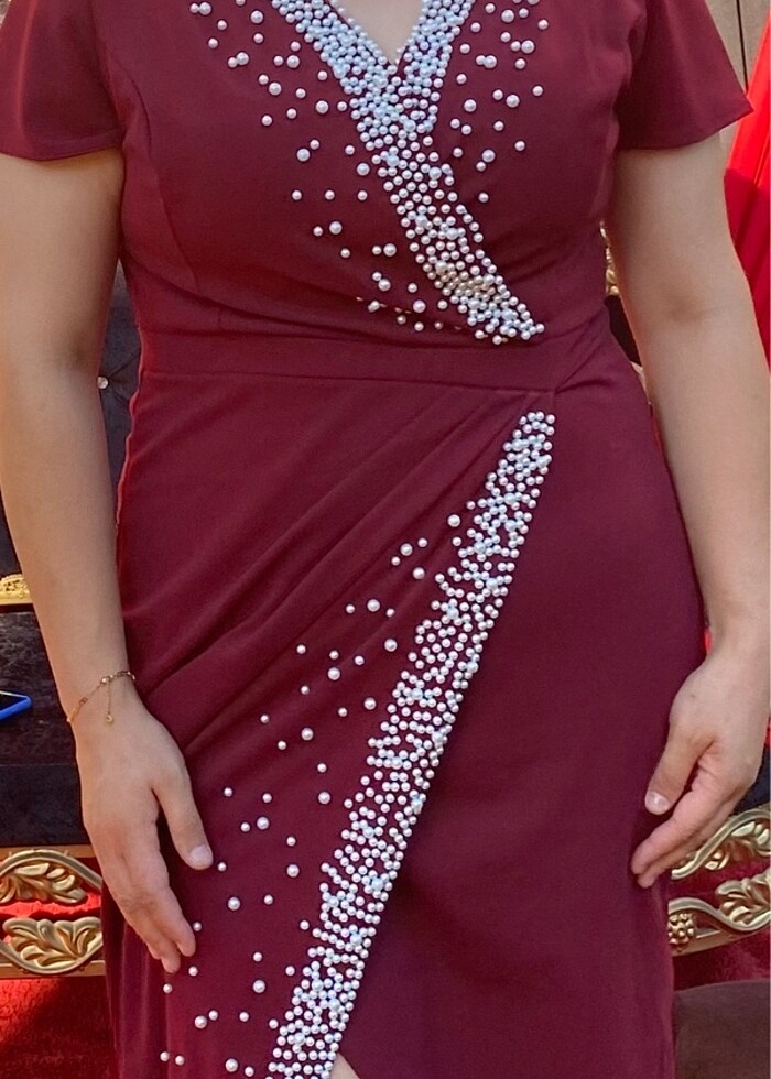 İnci detaylı kırmızı-bordo  elbise - Görsel 2