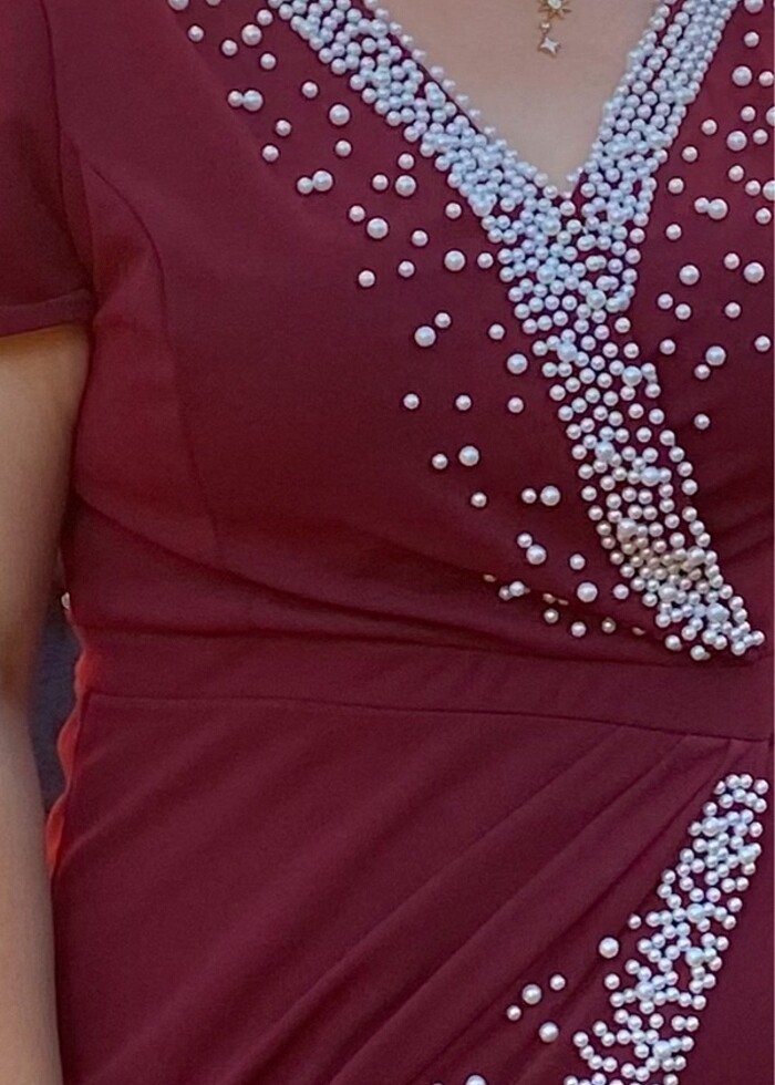 İnci detaylı kırmızı-bordo  elbise - Görsel 3