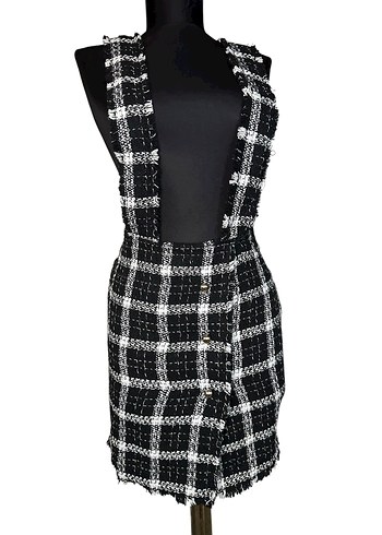 Ekoseli Askılı Triko Elbise - Görsel 5