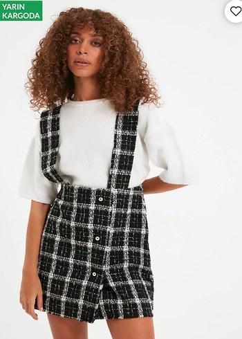 Ekoseli Askılı Triko Elbise - Görsel 3