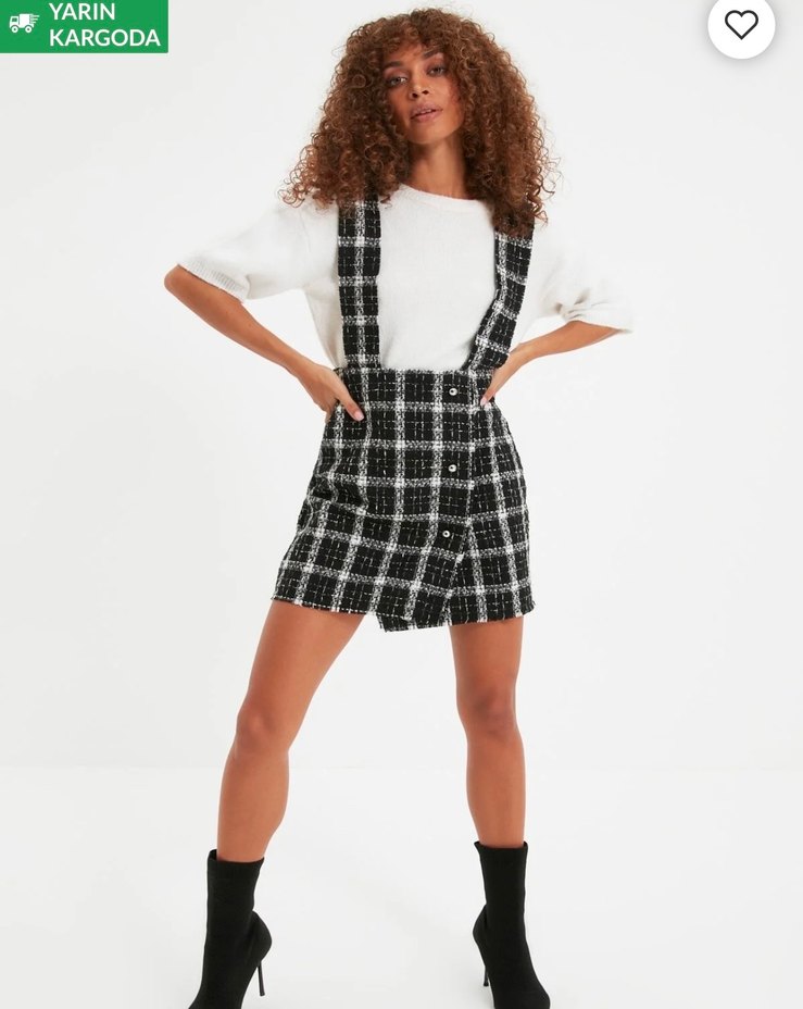 Ekoseli Askılı Triko Elbise - Görsel 4