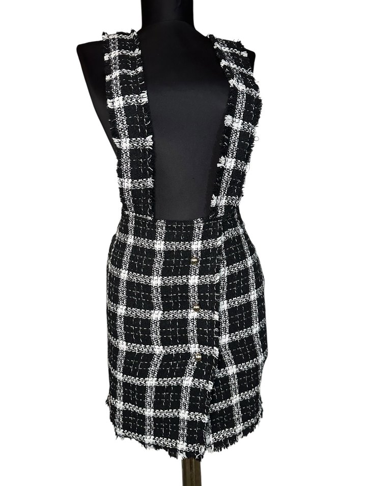 Ekoseli Askılı Triko Elbise - Görsel 5