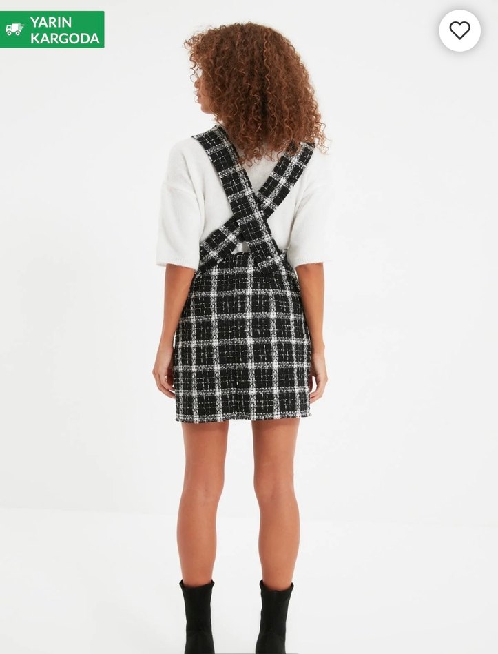 Ekoseli Askılı Triko Elbise - Görsel 2