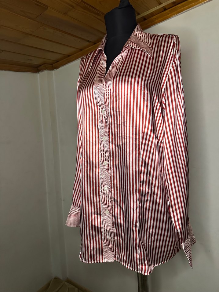 Çizgili Uzun Kollu Saten Gömlek - Görsel 4