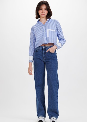 Mavi Çizgili Kısa Denim Gömlek - Görsel 7