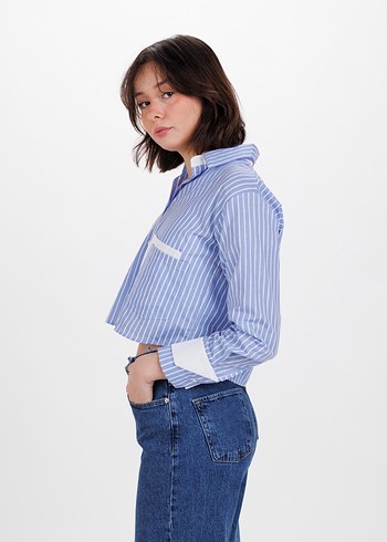 Mavi Çizgili Kısa Denim Gömlek - Görsel 5