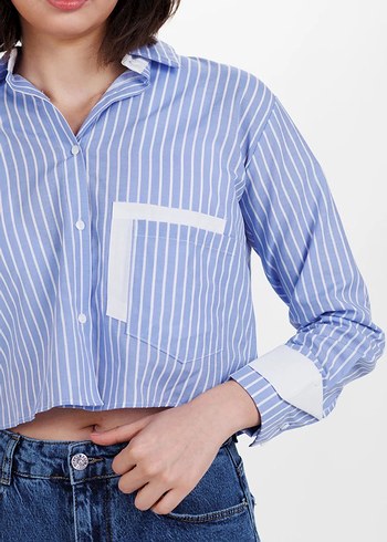 Mavi Çizgili Kısa Denim Gömlek - Görsel 9