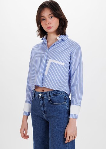 Mavi Çizgili Kısa Denim Gömlek - Görsel 8