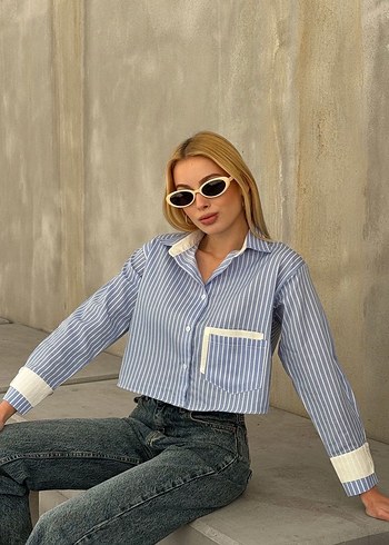 Mavi Çizgili Kısa Denim Gömlek - Görsel 4