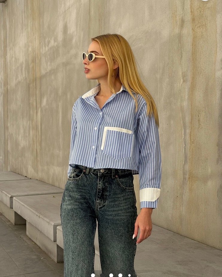 Mavi Çizgili Kısa Denim Gömlek - Görsel 3