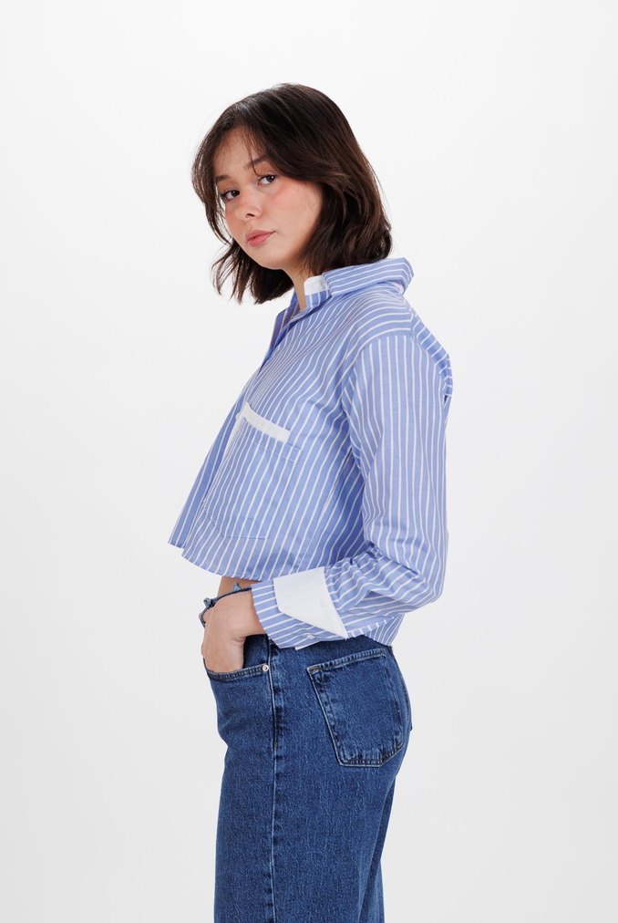 Mavi Çizgili Kısa Denim Gömlek - Görsel 5