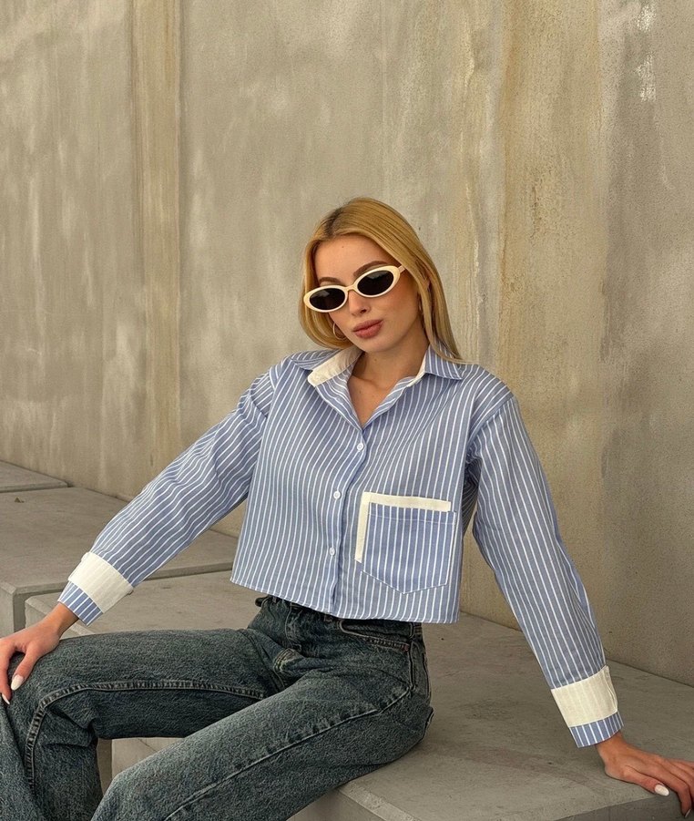 Mavi Çizgili Kısa Denim Gömlek - Görsel 4