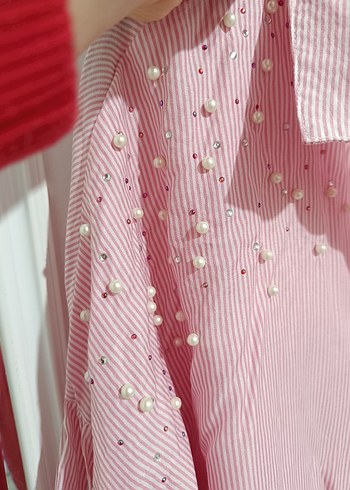 Düğmeli Pembe Uzun Kollu Kadın Gömlek - Görsel 4