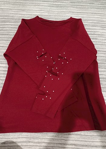 Kırmızı Uzun Kollu bluz incili - Görsel 2