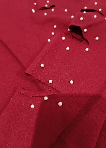Kırmızı Uzun Kollu bluz incili - Görsel 3