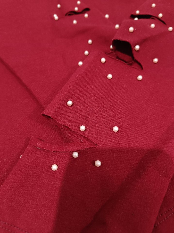 Kırmızı Uzun Kollu bluz incili - Görsel 3